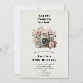 Convites Câmera com Imagem Retro Pastel de Flores Aniversár