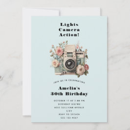 Convites Câmera com Imagem Retro Pastel de Flores Aniversár