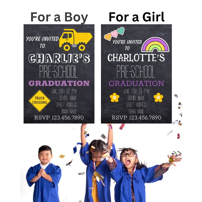 Convites Caminhão Atravessando Quadro Negro Graduação Pré-E (Kids preschool kindergarten graduation invitations for a boy or a girl.)