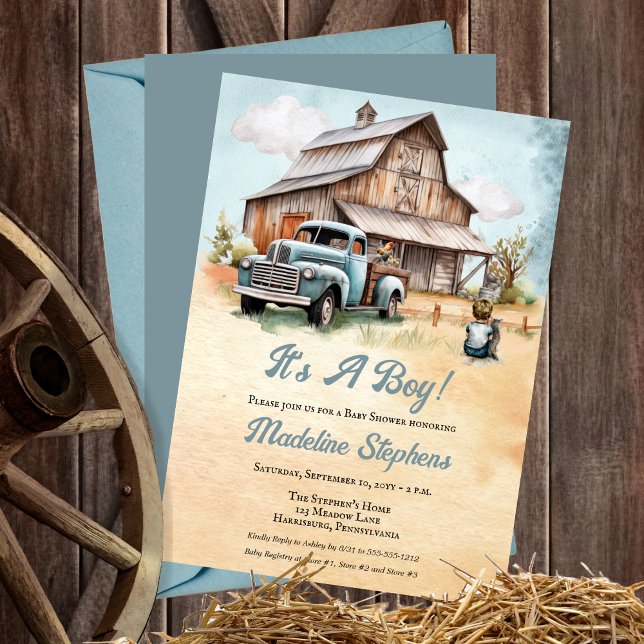 Convites Caminhão Azul Antigo | Churrasco de Bebê Fazendeir ("It's A Boy!" Rustic Barn and Vintage Truck Boy Baby Shower Invitation)