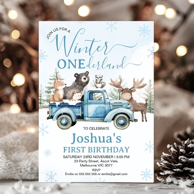 Convites Caminhão Azul Rústico Aniversário de Onederland de (Winter Onederland Birthday Invitation, Winter Onederland - 1st Birthday Invitation Template, Blue)