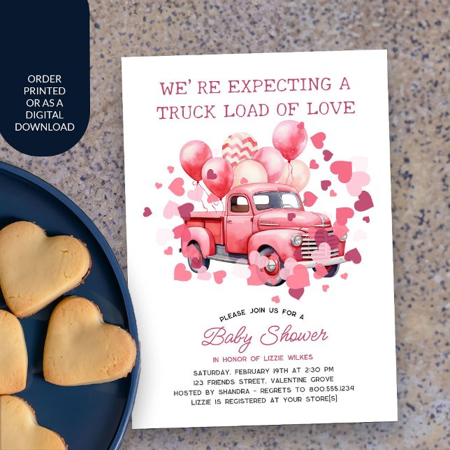 Convites Caminhão Carregado de Chá de fraldas Rosa de Namor (Valentine Baby Shower Invitation with pink vintage truck and love hearts)
