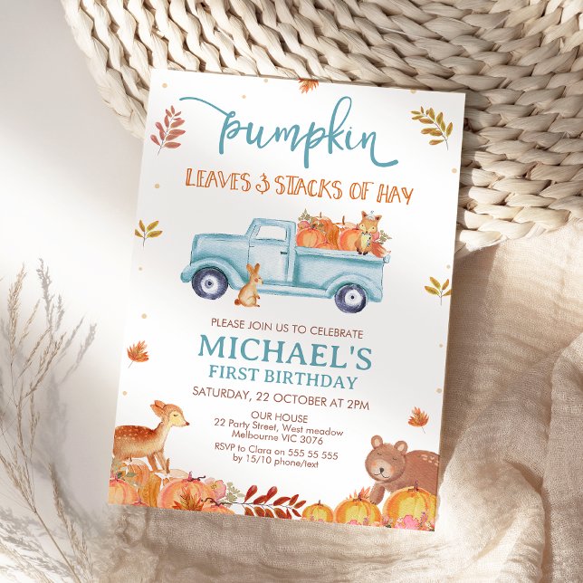 Convites Caminhão de Abóbora de Outono Marrom Rústico Anive (Fall Pumpkin Truck First Birthday Invitation Template Printable Pumpkins Leaves and Stacks Hay )