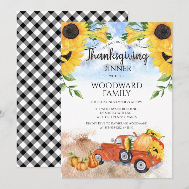 Convites Caminhão de Abóbora | Girassóis Janto de Ação de G (Frente/Verso)