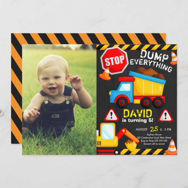 Convites Caminhão de Aniversário da Construção Chalk com Fo (Frente/Verso)