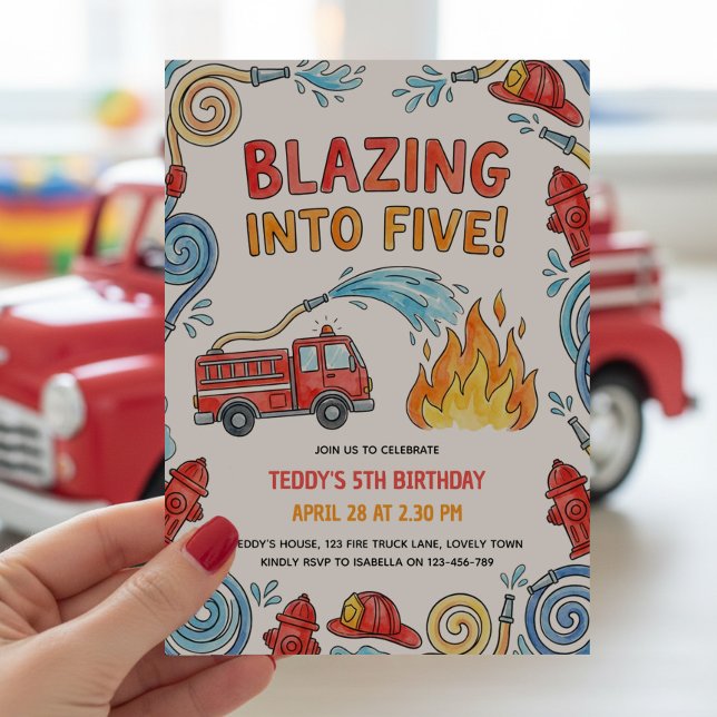 Convites Caminhão de Bombeiros em Chamas para o 5º Aniversá (Blazing into Five Five 5th  birthday party invitation with red fire truck and firefighter theme)