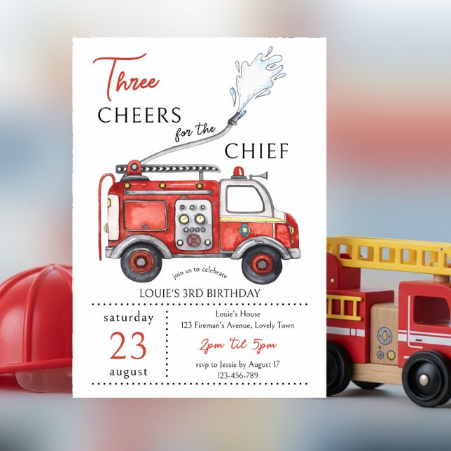Convites Caminhão de Bombeiros Três Vivas Chefe 3º Aniversá (3rd Birthday invitation with "three cheers for the chief" red fire truck theme)