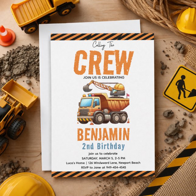 Convites Caminhão de Construção da Equipe de Obras Menino A (Construction Crew Dump Truck Boy 2nd Birthday Invitation
)