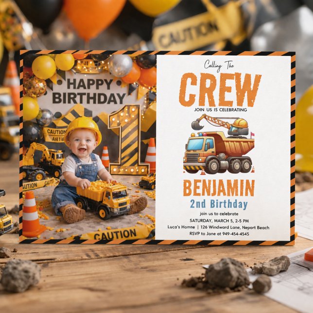 Convites Caminhão de Construção Menino da Equipe de Constru (Construction Crew Dump Truck Boy 2nd Birthday Invitation
)