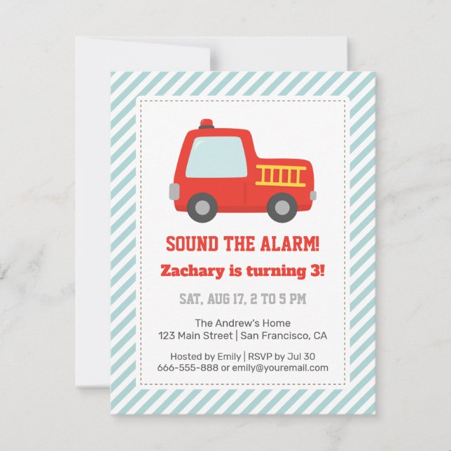 Convites Caminhão de Fogo Vermelho, Festa de aniversário (Frente)