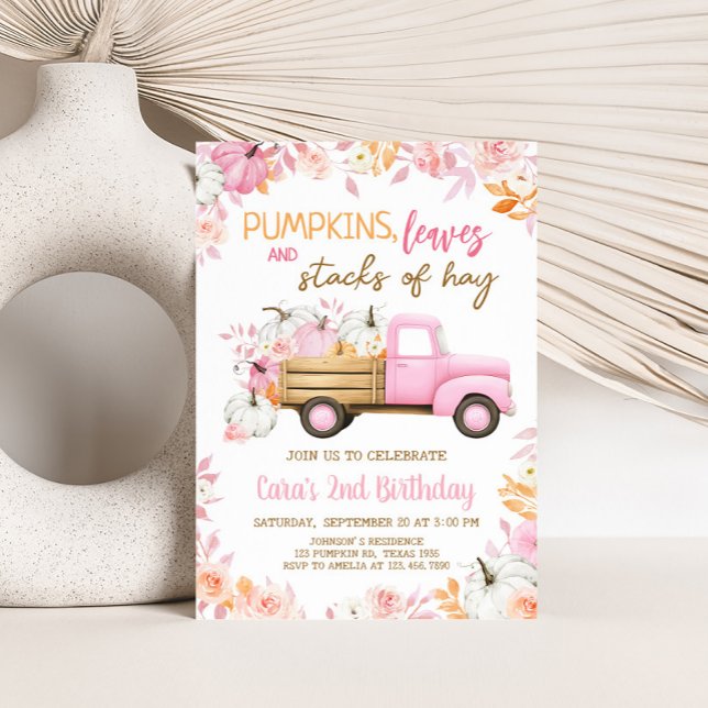 Convites Caminhão de Pumpkin Rosa Cai Aniversário (Girl Pumpkin Truck Fall Birthday Invitation)