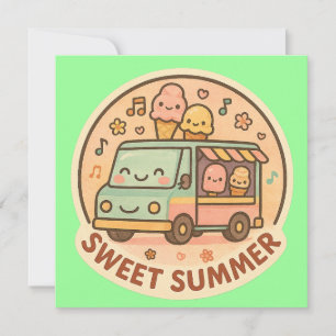 Convites Caminhão de Sorvete Kawaii Doce Verão Adesivo