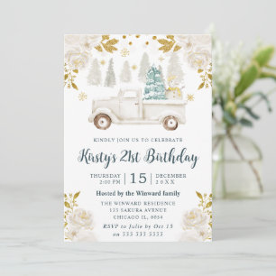 Convites Caminhão Floral Branco e Dourado de Aniversário de