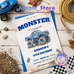 Convites Caminhão Monstro Azul Aquarela Moderna Aniversário