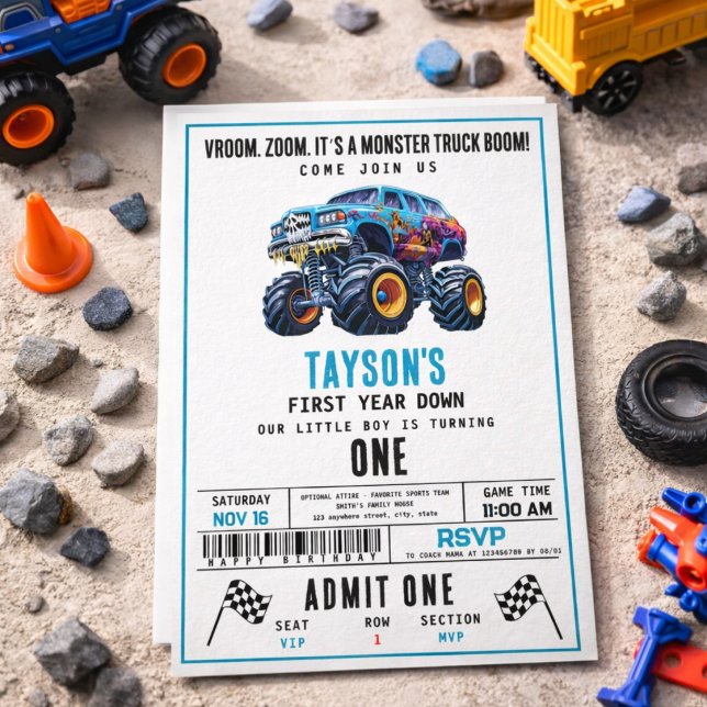 Convites Caminhão Monstro Vroom Zoom Boom | Festa de 1º Ani (Vroom Zoom Monster Truck Boom | 1st Birthday Party Invitation
)