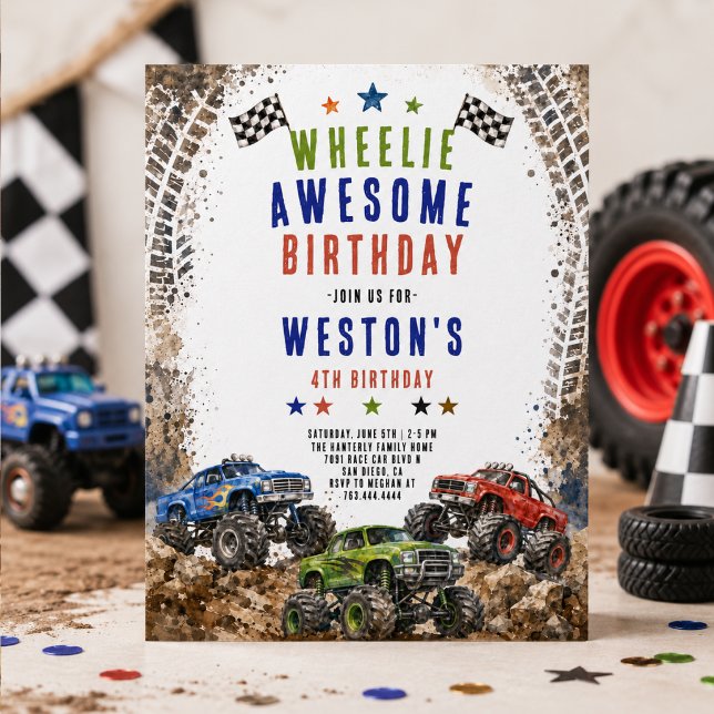 Convites Caminhão Monstro Wheelie Incrível para Menino de 4 (Wheelie Awesome Monster Truck 4Th Birthday boy Invitation
)