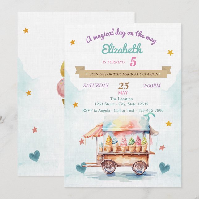 Convites Caminhão sorvete, Cones, Aniversário (Frente/Verso)