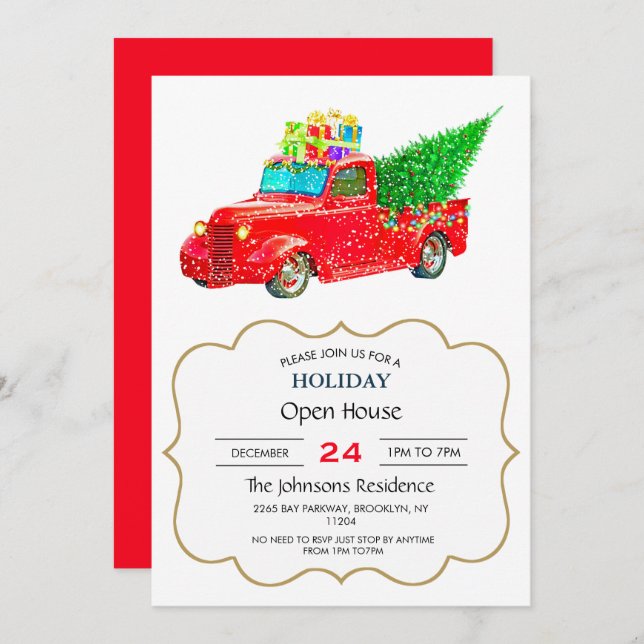 Convites Caminhão vermelho de Natal com árvore de Natal e p (Frente/Verso)