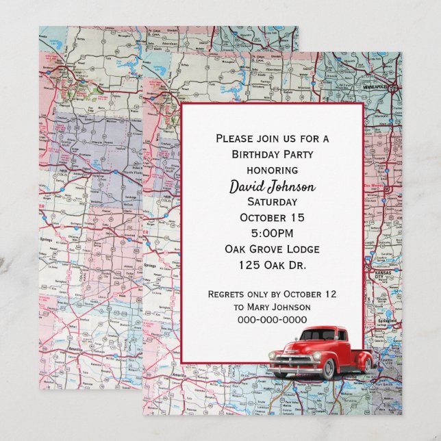 Convites Caminhão Vermelho Retroativo no Mapa da Festa (Frente/Verso)