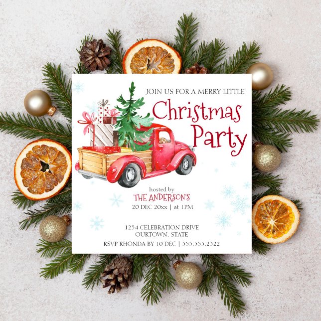 Convites Caminhão vermelho russo da safra com árvore de Nat (Christmas party red truck template invitation digital download)