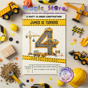 Convites Caminhões de Construção em Aquarela Festa de 4 Ano