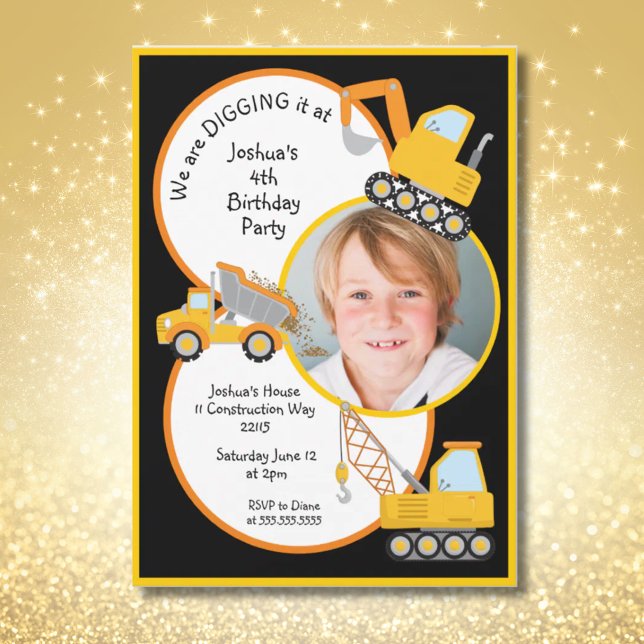 Convites Caminhões De Construção Escavando-O Adicionar Foto (Construction Trucks Digging It Add Photo Birthday Invitation)