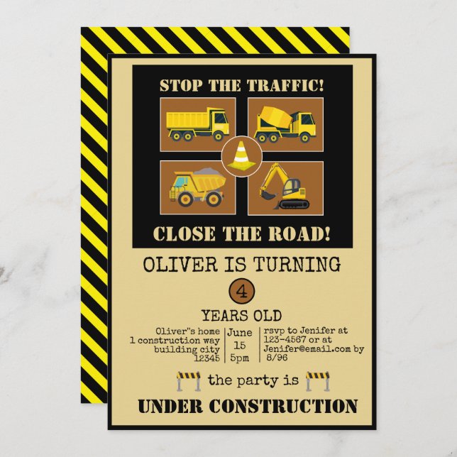 Convites Caminhões De Construção | Meninos com Festa de ani (Frente/Verso)
