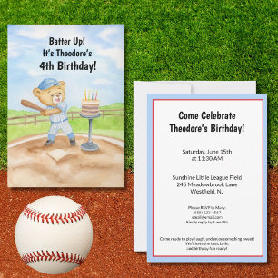 Convites Camiseta de aniversário de 4 anos Teddy Bear Baseb