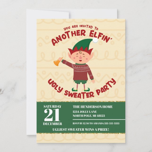Convites Camiseta Feia de Natal Divertida para Festa de Elf (Frente)