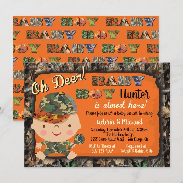 Convites Camo Hunting Baby Shower (Frente/Verso)