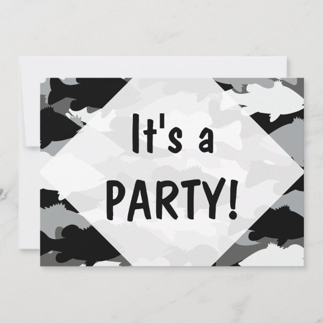 Convites Camo Preto de Pesca em Massa (Frente)