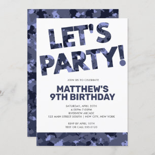 Convites Camouflage Birthday, Partido Vamos Blue Camo