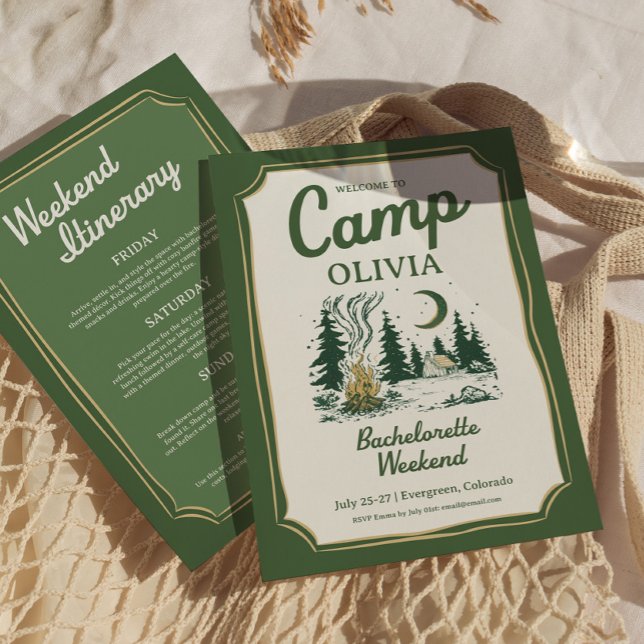 Convites Camp Bachelorette Green Glamping Itinerary  (Camp Bachelorette Green Glamping Itinerary )