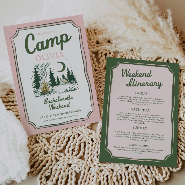 Convites Camp Bachelorette Green Glamping Itinerary  (camp bachelorette party)