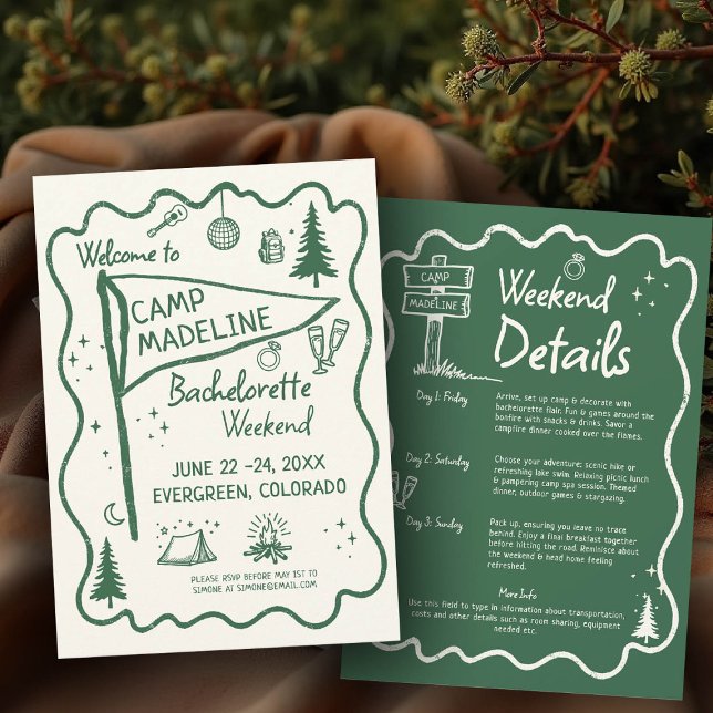 Convites Camp Bachelorette Green Pennant Camping Itinerário (camp bachelorette invitation itinerary camping hiking mountains bach glamping hand drawn pennant)