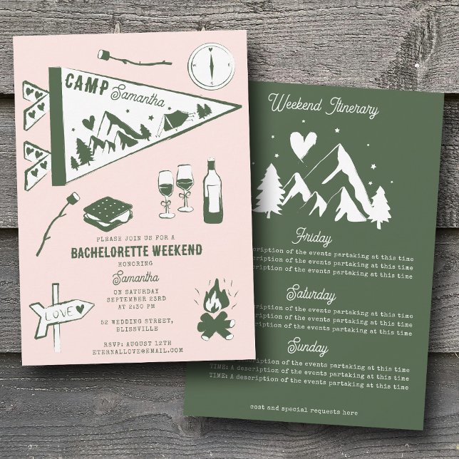 Convites Camp Bachelorette Party Camping Weekend Itinerary  (Camp Bachelorette Party Camping Weekend Itinerary Invitation)