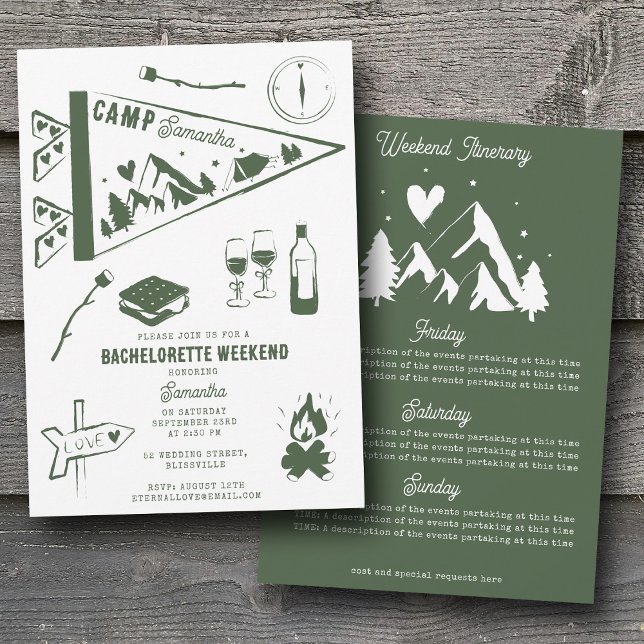 Convites Camp Bachelorette Party Camping Weekend Itinerary  (Camp Bachelorette Party Camping Weekend Itinerary Invitation)