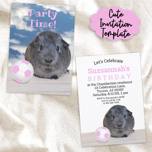 Convites Campanha de futebol branco rosa-rosa-criança (This easy to personalize cute guinea pig birthday invitation is ready here in print form. )