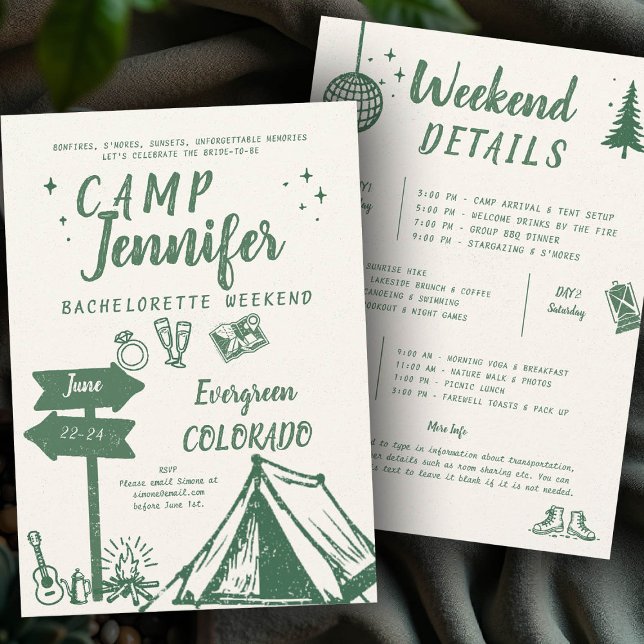 Convites Campanha Escrevendo a Festa de solteira verde do c (camp bachelorette invitation handwriting hand written camping glamping hiking bach itinerary)