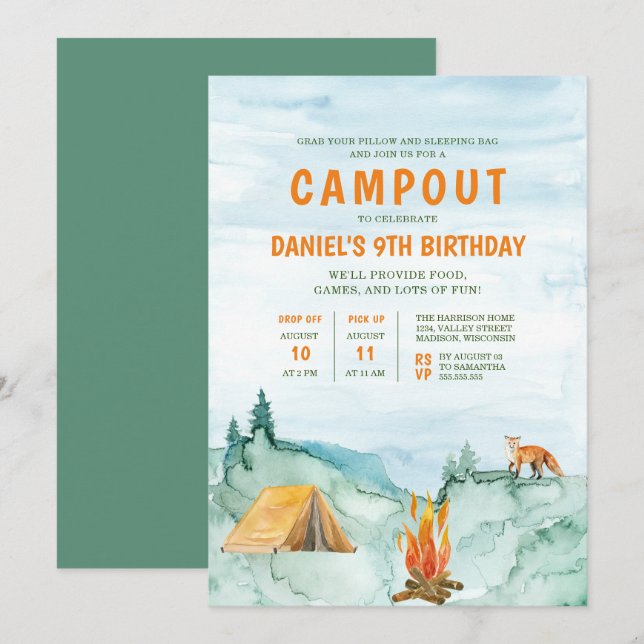 Convites Campanha Woodland Watercolor Tent Campout Aniversá (Frente/Verso)