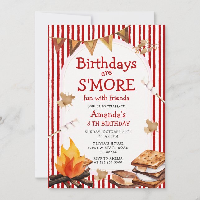 Convites Campfire Red Stripes Birthday are S'mores Fun (Frente)