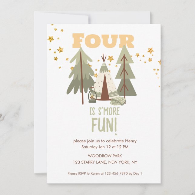 Convites Camping Adventure S'more Quarto Aniversário (Frente)