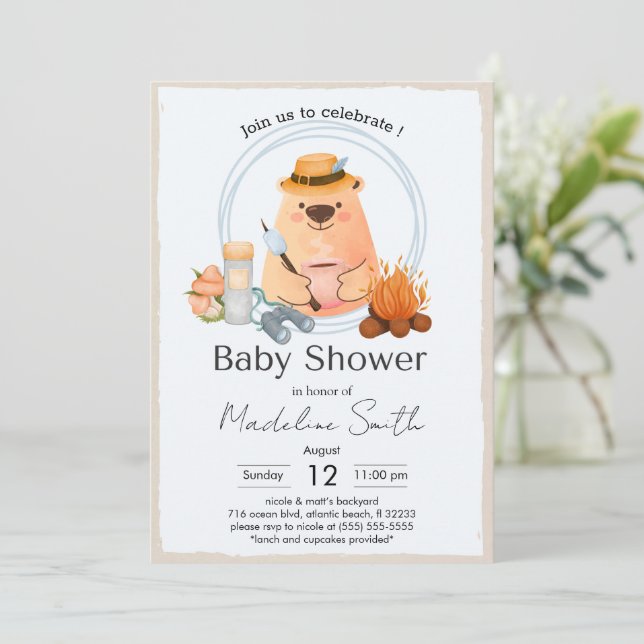 Convites Camping Bonfire Bear Baby Shower Invitation (Em pé/Frente)