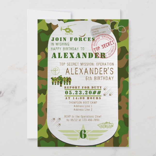 Convites Campo de Boot Militar de Camuflagem Verde com Etiq (Frente)
