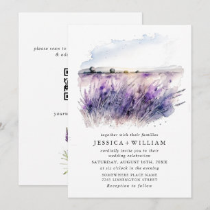 Convites Campo de Flores de Lavanda em Aquarela Código QR C