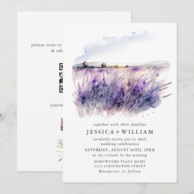Convites Campo de Flores de Lavanda em Aquarela Código QR C (Frente/Verso)