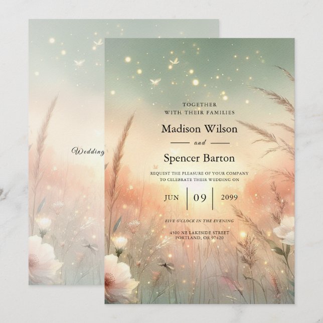Convites Campo de Flores Silvestres Pastel Etéreo Casamento (Frente/Verso)