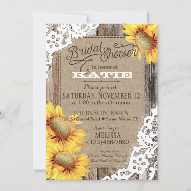 Convites Campo de madeira de girassol Lace Chá de panela ru (Frente)