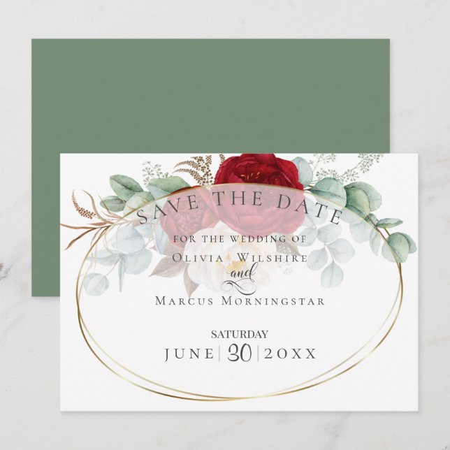 Convites Camponeses vermelhos e brancos com folhas de eucal (Frente/Verso)