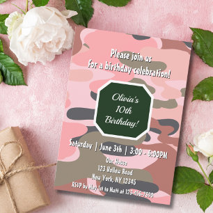 Convites Camuflagem de Aniversário Rosa Verde Menina Fofa